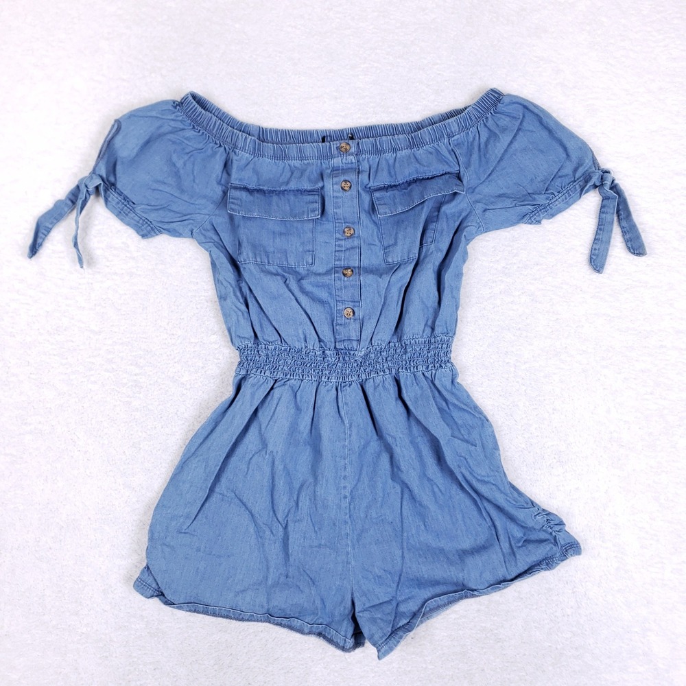 Chambray Romper Womens X-Small Medium Off The Shoulder Denim Blue Boho Summer